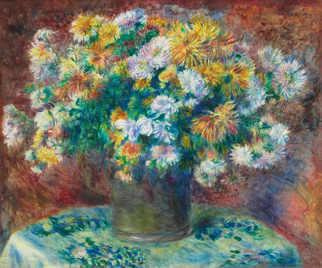 Schilderij van oranje, gele en witte chrysanten in een bruine vaas op een ronde tafel